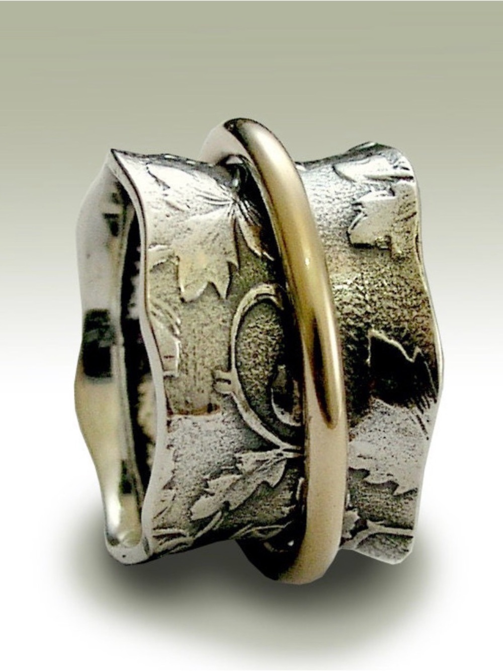 Beautiful Sterling Silver and Gold Two-Toned Textured Spinner Ring